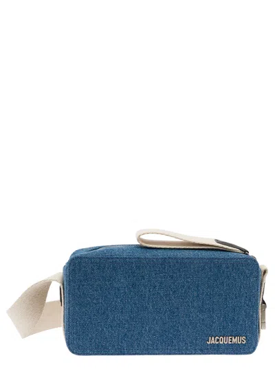 Jacquemus Le Cuerda Horizontal Light Blue Messenger Bag With Logo Lettering Detail In Cotton Man In Navy
