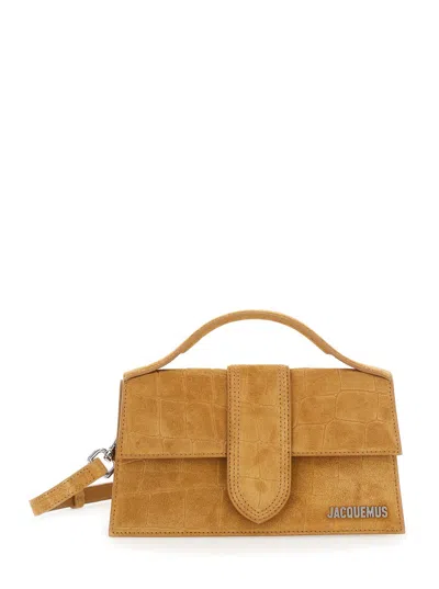 Jacquemus Le Grand Bambino Beige Handbag With Logo Lettering On The Front And Crocodile Skin Effect In Suede W
