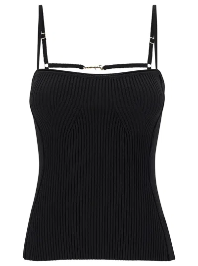 JACQUEMUS LE HAUT SIERRA BLACK RIBBED TOP WITH LOGO DETAIL IN VISCOSE BLEND WOMAN