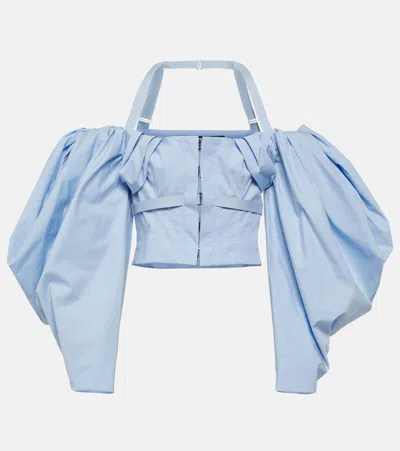 Jacquemus Le Haut Taffetas Off-shoulder Poplin Top In Light Blue
