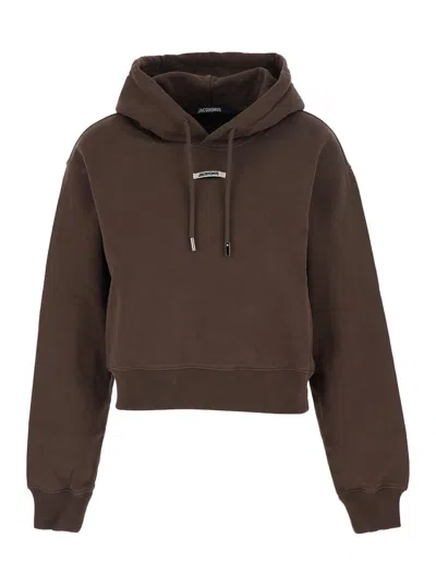 Jacquemus Le Hoodie Gros Grain Brown Cropped Hoodie With Drawstring Hood And Logo Patch On The Front In Cotton