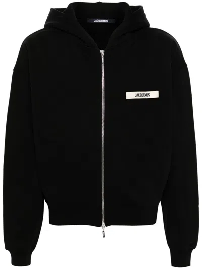 Jacquemus Logo-embroidered Cotton-jersey Zip-up Hoodie In Black