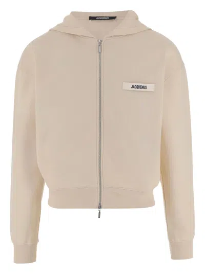 Jacquemus Grosgrain-trimmed Zippered Hoodie With Logo Detail In White