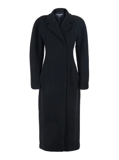 JACQUEMUS LE MANTEAU CURVO BLACK DOUBLE-BREASTED COAT WITH NOTCHED REVERS AND REAR SINGLE VENT IN WOOL WOMAN