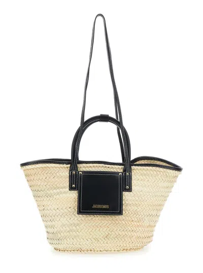 Jacquemus 'le Panier Soli' Black Handbag With Logo Lettering On The Front And All-over Interwoven Motif In Lea
