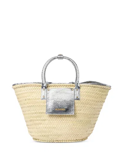 Jacquemus Soli Woven Basket Bag Leather Handles In Neutral