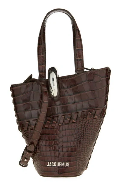 Jacquemus Le Petit Bambola Croc Embossed Leather Bucket Bag In Midnight Brown 890