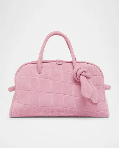 Jacquemus Le Petit Turismo Croc-embossed Suede Bowling Bag In Light Pink