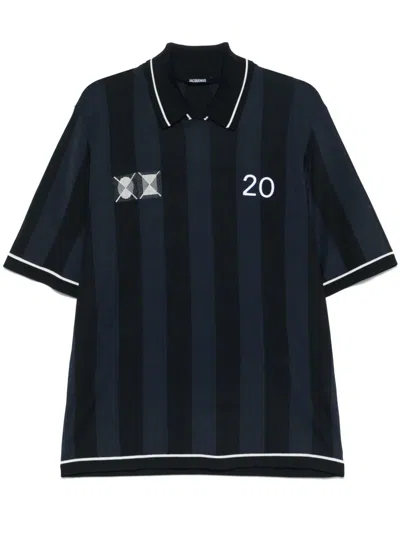 Jacquemus Le Polo Liga Blue Shirt With Maxi Rear Print And All-over Striped Motif In Cotton Man