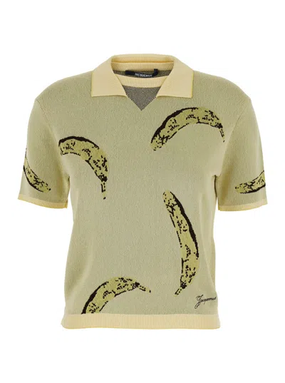 JACQUEMUS JACQUEMUS WOMEN 'LE POLO MARINO' YELLOW POLO SHIRT WITH FRENCH COLLAR AND ALL-OVER BANANA MOTIF IN V