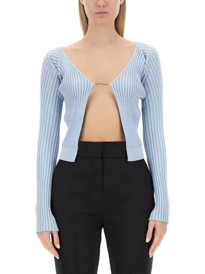 Jacquemus Logo Plaque Knitted Cardigan In Blue
