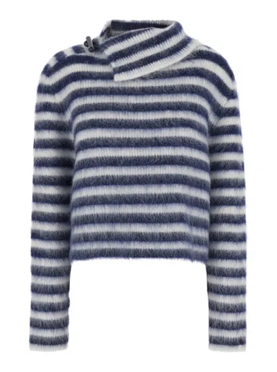 Jacquemus Le Pull Marina' Blue And White Sweater With Asymmetric Neck Amd All-over Striped Motif In Wool Blend