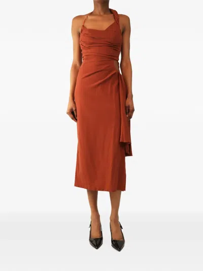 Pre-owned Jacquemus Le Raphia Draped Midi Dress In Brown
