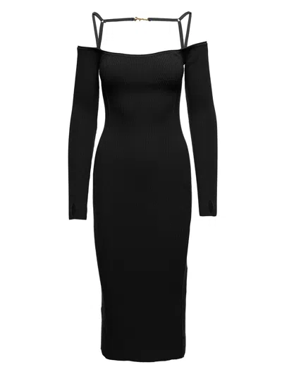 JACQUEMUS LE ROBE SIERRA LONG BLACK RIBBED OFF-THE-SHOULDER DRESS IN VISCOSE BLEND WOMAN