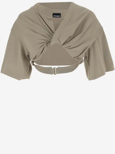 Jacquemus Le Bahia Cropped T-shirt In Light Khaki