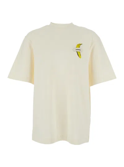 Jacquemus Le T-shirt Banane White Crewneck T-shirt With Logo Detail On The Front In Cotton Man In Beige