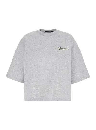 Jacquemus 'le T-shirt Corto' Grey T-shirt With Logo Lettering On The Front And Wide Short Sleeves In