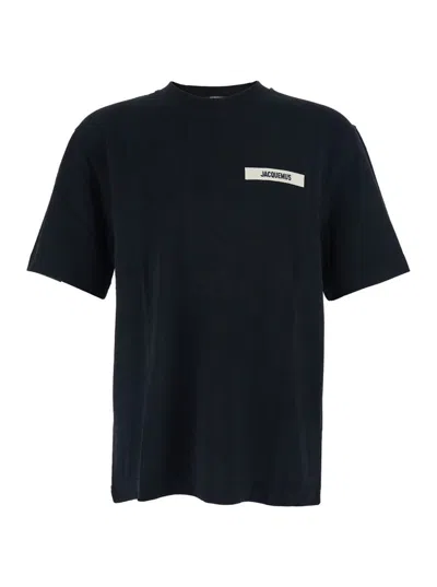 JACQUEMUS 'LE T-SHIRT GROS GRAIN' BLACK T-SHIRT WITH LOGO PATCH ON THE FRONT IN COTTON MAN
