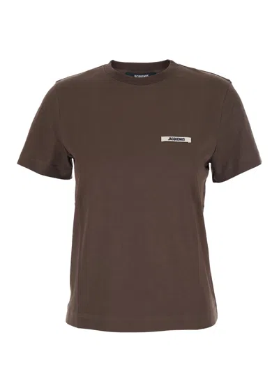 Jacquemus Le T-shirt Gros Grain Brown T-shirt With Logo Patch On The Front In Cotton Woman