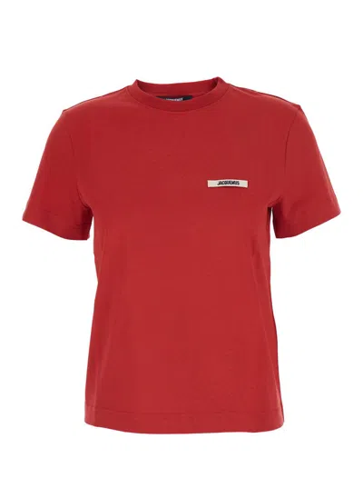 JACQUEMUS 'LE T-SHIRT GROS GRAIN' RED T-SHIRT WITH LOGO PATCH ON THE FRONT IN COTTON WOMAN