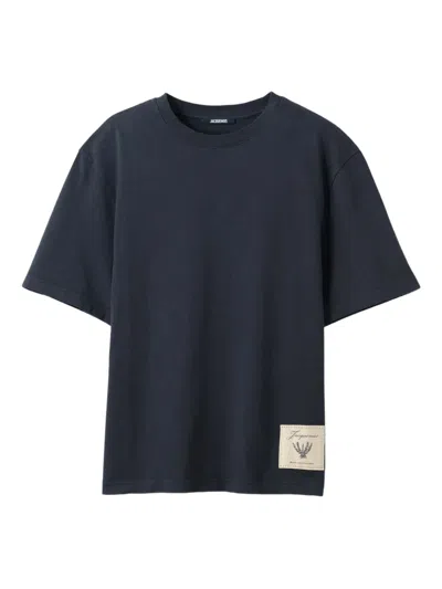 Jacquemus Logo Cotton Crew Neck Patch T Shirt In Blue