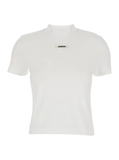 JACQUEMUS 'LE T-SHIRT GROS GRAIN' WHITE CREWNECK T-SHIRT WITH LOGO PATCH ON THE FRONT IN COTTON STRETCH WOMAN