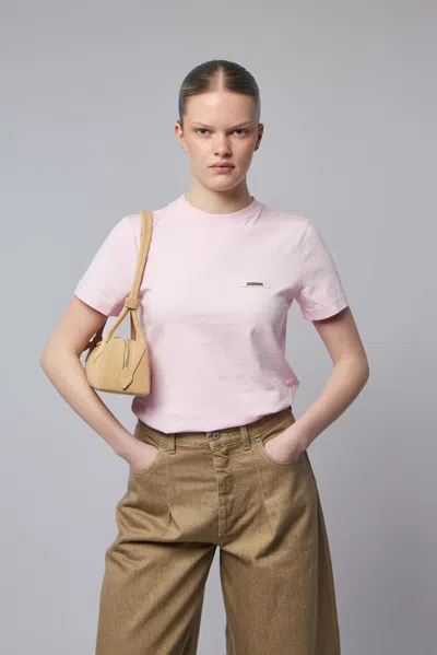 Jacquemus Pink Crew Neck T-shirt With Logo Patch On The Front In Cotton Woman