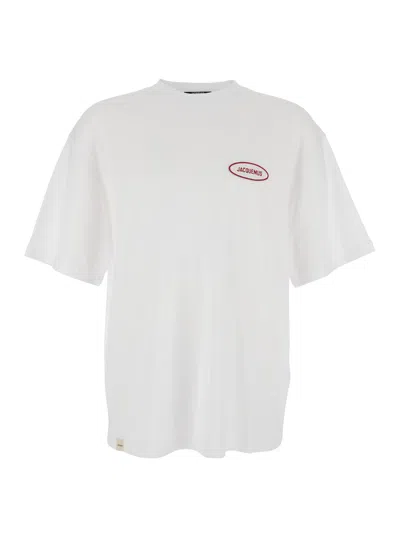 JACQUEMUS LE T-SHIRT STAZIONE WHITE CREWNECK T-SHIRT WITH LOGO PATCH ON THE FRONT IN COTTON JERSEY MAN