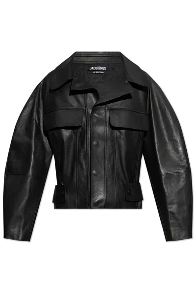 Jacquemus Leather Aviator Jacket In Black