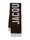 Jacquemus Rectangular Scarf With Fringed Edges And Bold Lettering In Brown