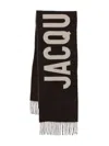 Jacquemus Rectangular Scarf With Fringed Edges And Bold Lettering In Brown