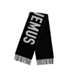 Jacquemus Black Bold White Lettering Twisted Fringe Scarf In Black