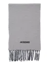 Jacquemus Lecharpe Moisson Grey Scarf With Logo Lettering On The Front And Fringed Hem In Wool Blend Woman In Gray