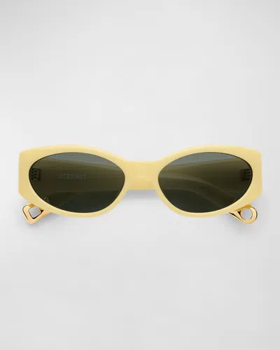 Jacquemus Les Lunettes Acetate Oval Sunglasses In Pale Yellow Gold Green