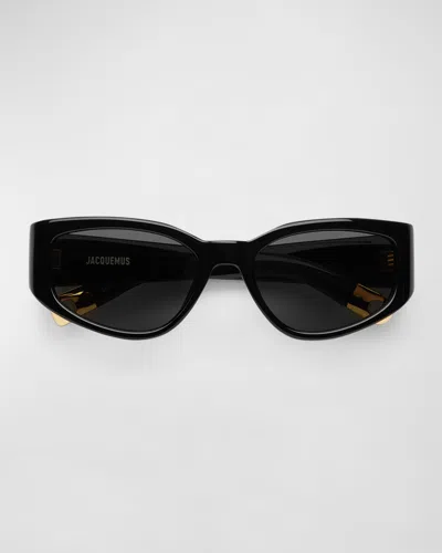 Jacquemus Les Lunettes Gala Acetate Oval Sunglasses In Black Yellow Gold Grey