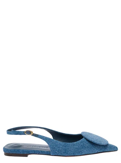 Jacquemus Les Slingback Duele Plates Blue Flat Sandals With Geometric Shapes In Denim Woman In Navy
