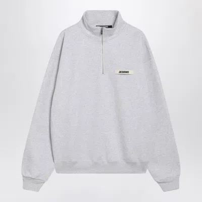 Jacquemus Light Grey Zip-neck Sweatshirt With Gros Grain Logo In Gray