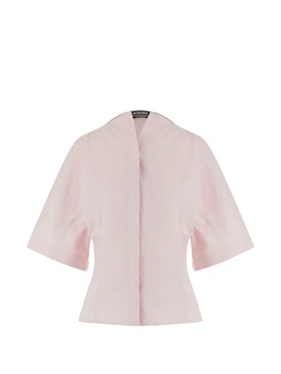 Jacquemus -inspired Cotton Poplin Blouse With Wide Sleeves And Classic Collar In Pink
