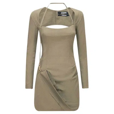 Pre-owned Jacquemus Linen Blend Draped Slubbed-canvas Mini Dress In Brown