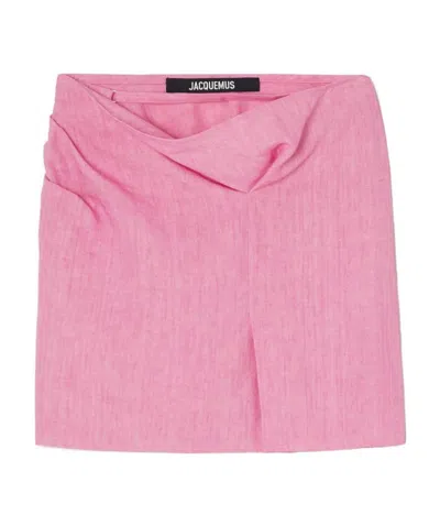 Jacquemus Cutout Draped Linen Mini Skirt In Pink
