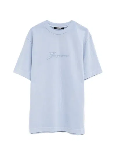 Jacquemus Light Blue Round Neck T-shirt With Embroidered Logo