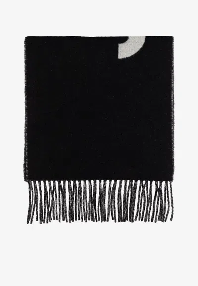 Jacquemus Logo Jacquard Fringed Wool Scarf In Black
