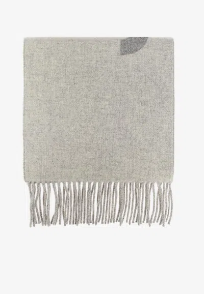 Jacquemus Logo Jacquard Fringed Wool Scarf In Gray