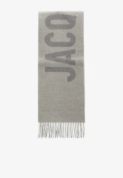 Jacquemus Logo Jacquard Wool Fringed Scarf In Gray