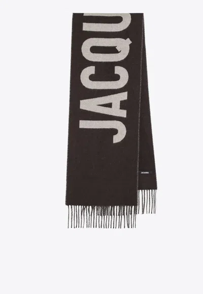 Jacquemus Logo Jacquard Wool Fringed Scarf In Black