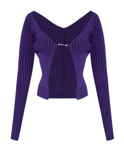 Jacquemus Logo Plaque Long-sleeved Cardigan In Purple