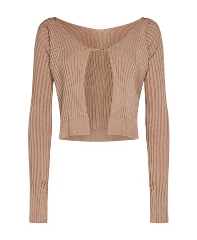 Jacquemus Logo Plaque Long-sleeved Cardigan In Nude