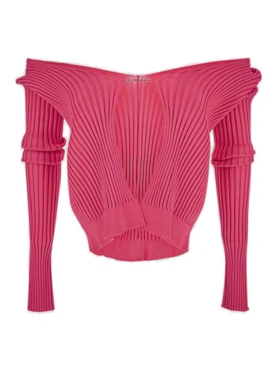 Jacquemus Logo Plaque Long-sleeved Cardigan In Pink