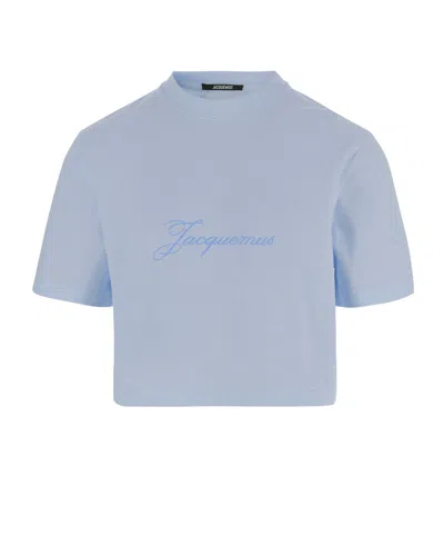 Jacquemus Logo-embroidered Cropped T-shirt In Blue
