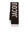 Jacquemus Rectangular Scarf With Fringed Edges And Bold Lettering In Black